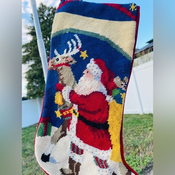 Vintage Needlepoint Christmas Stocking Santa With Reindeer And Presents 17” - Picture 2 of 4